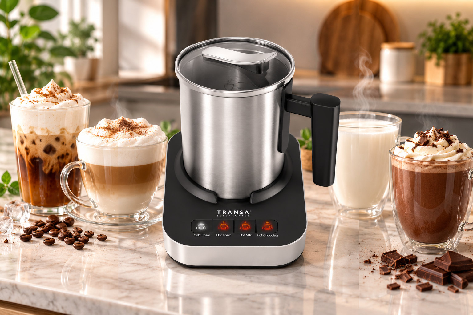 Spieniacz MilkySteel 4w1 550W Transa Electronics – 4 programy automatyczne